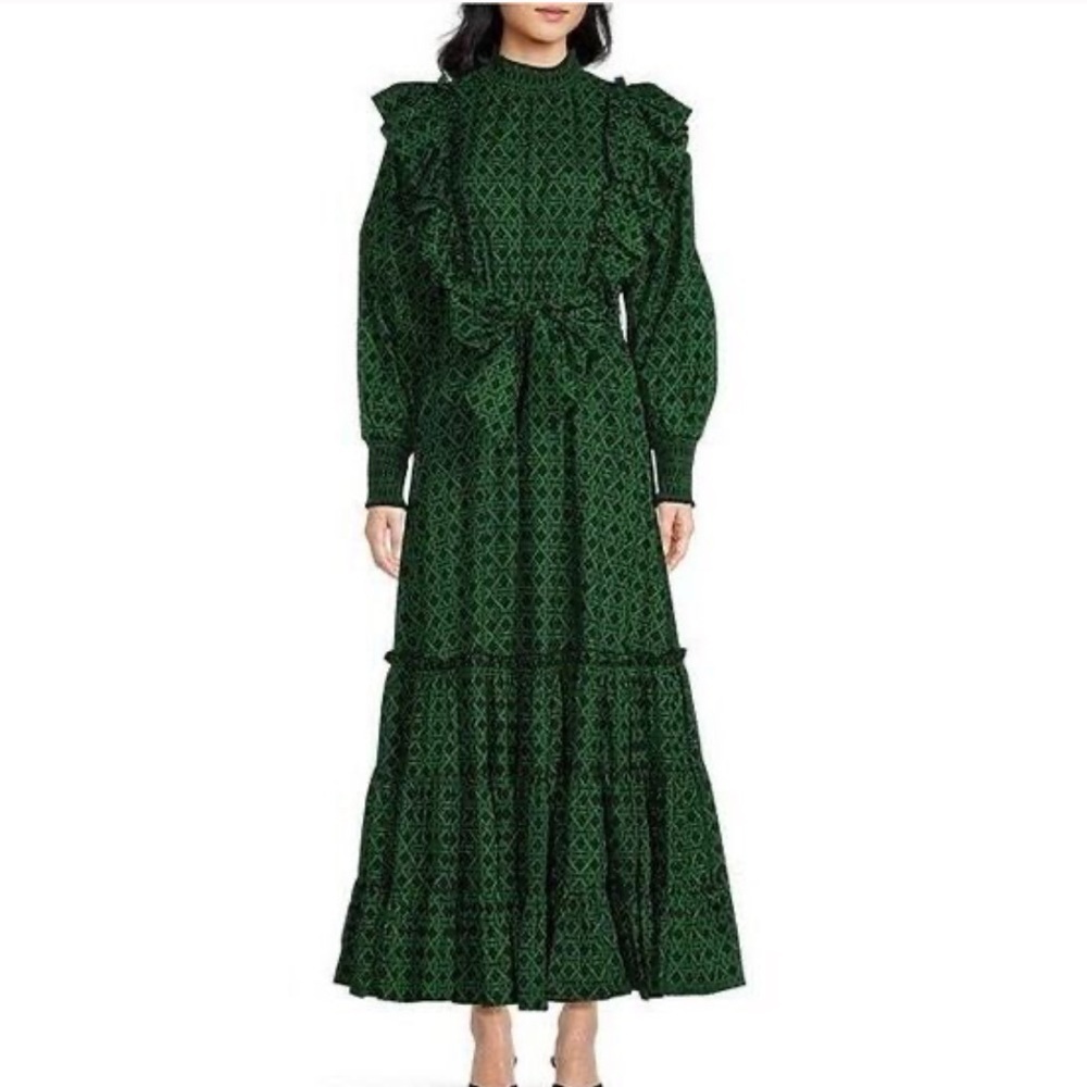 A Loves A Longsleeve Maxi Dress‎ Smocked High Neck Colonial Victorian Green